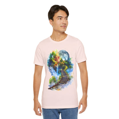 Unisex T-Shirt with 3D Watercolor Train Tracks and Enchanted Forest Design - Lightweight Fabric Tee