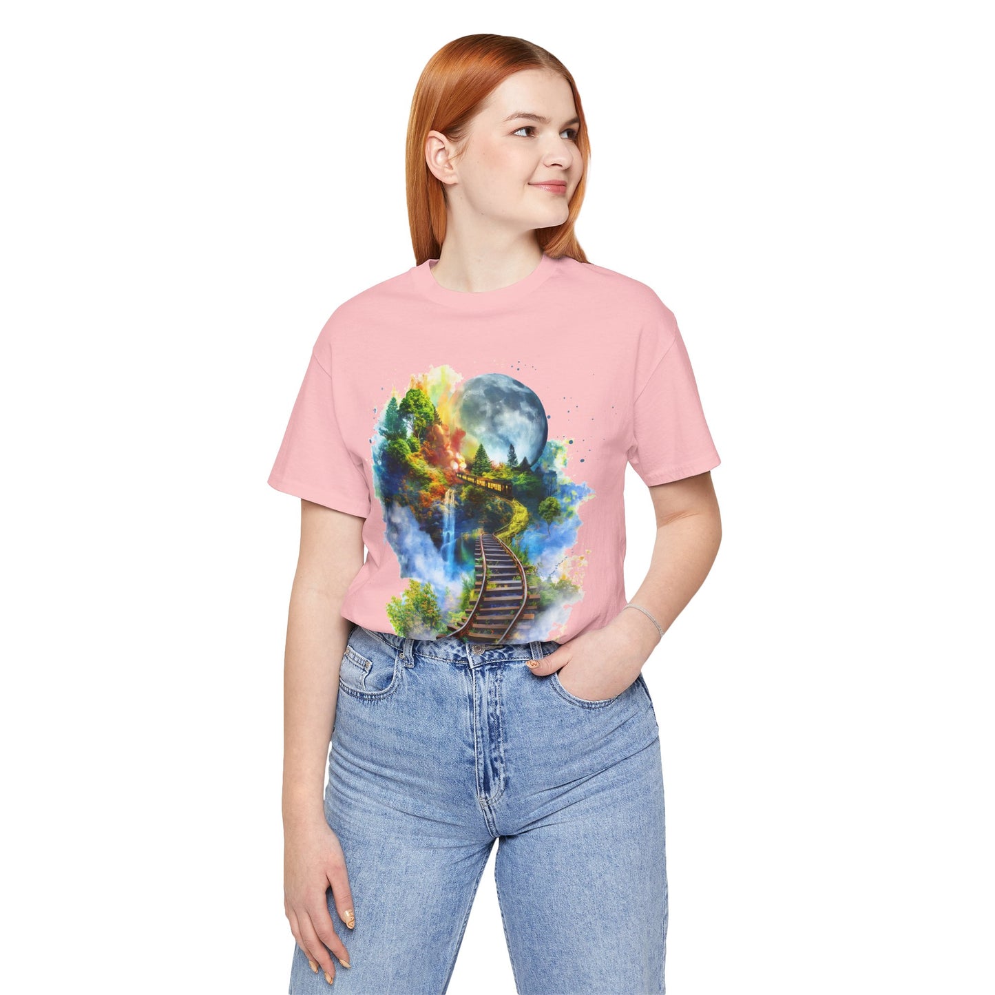 Unisex T-Shirt with 3D Watercolor Train Tracks and Enchanted Forest Design - Lightweight Fabric Tee