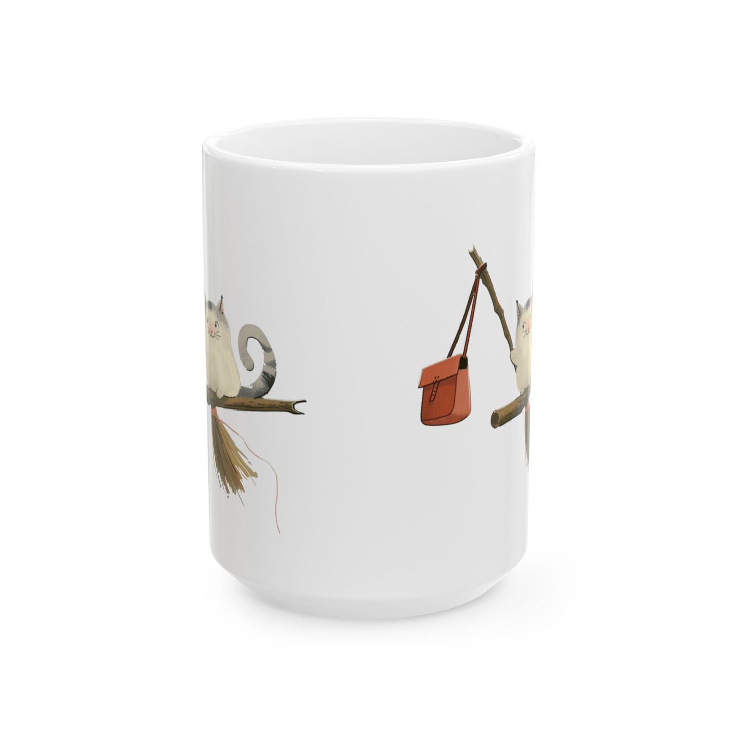 Ceramic Mug - Cute cartoon of a Cat on a witch stick, (11oz, 15oz)