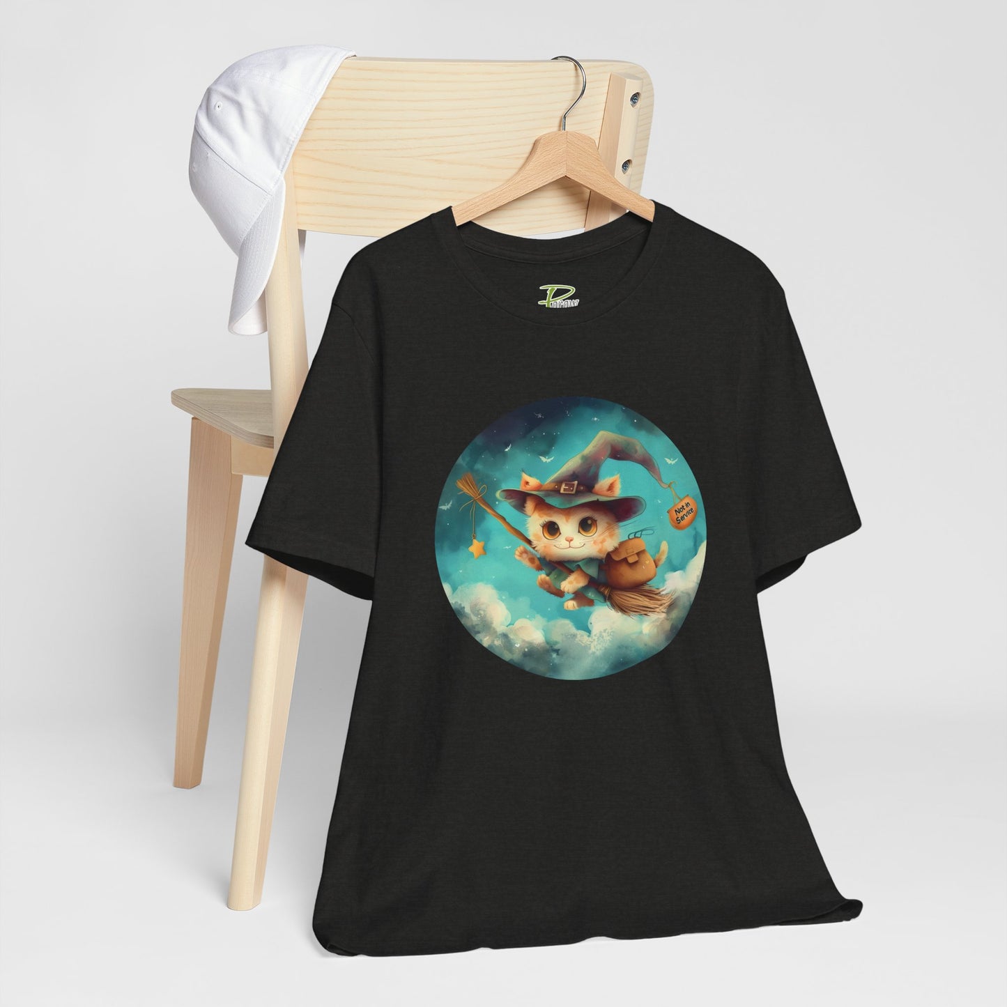 Charming Cat on Witch - Magician Stick T-shirt - Lightweight Fabric Tee