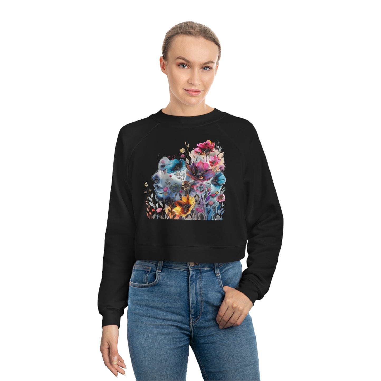 Women's Cropped Fleece Pullover with Floral Watercolor Design - Paraw