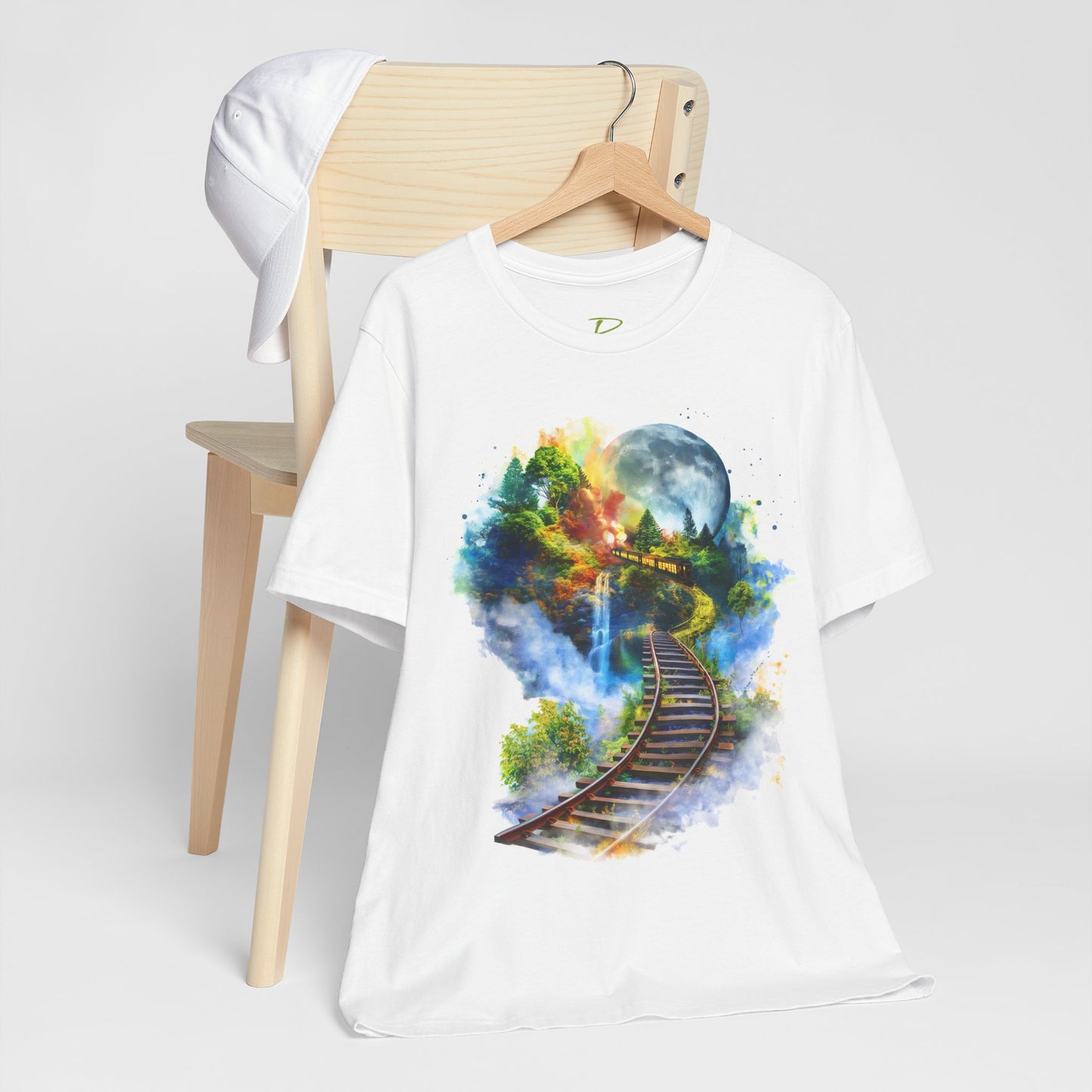 Unisex T-Shirt with 3D Watercolor Train Tracks and Enchanted Forest Design - Lightweight Fabric Tee