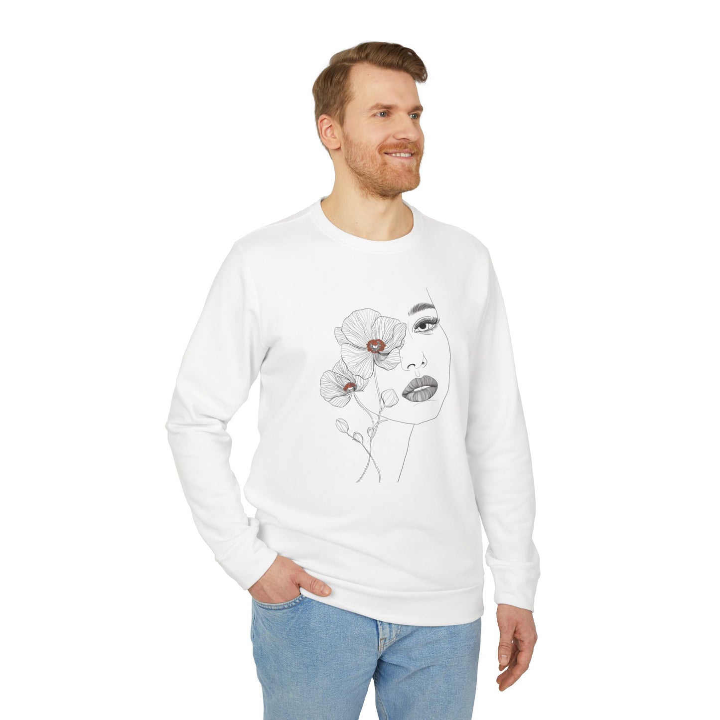 adidas Unisex Fleece Crewneck Sweatshirt - Minimalist Floral Face Line Art Design Sweatshirt