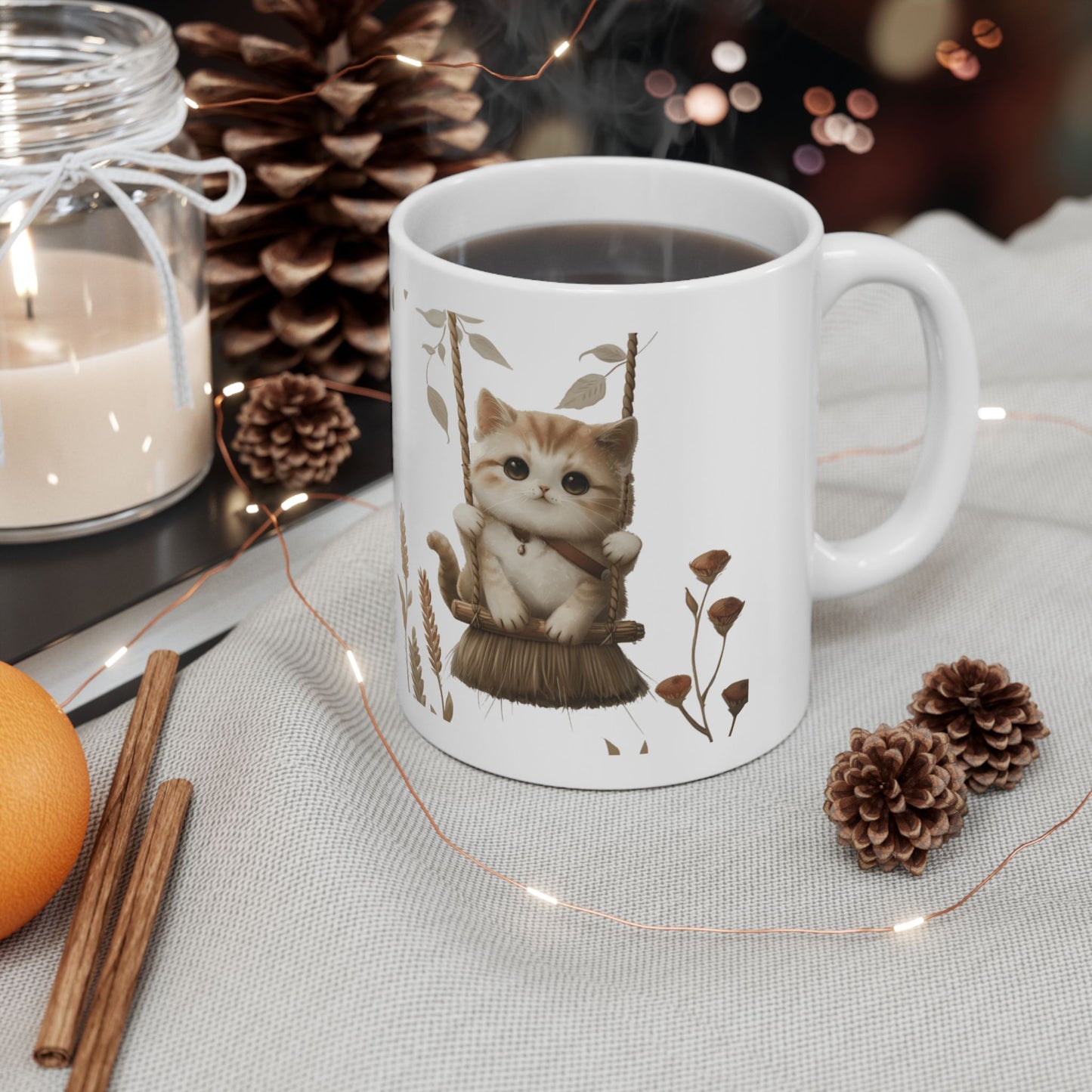 Ceramic Mug, Lovely and Playful Cat on Broomstick, (11oz, 15oz)