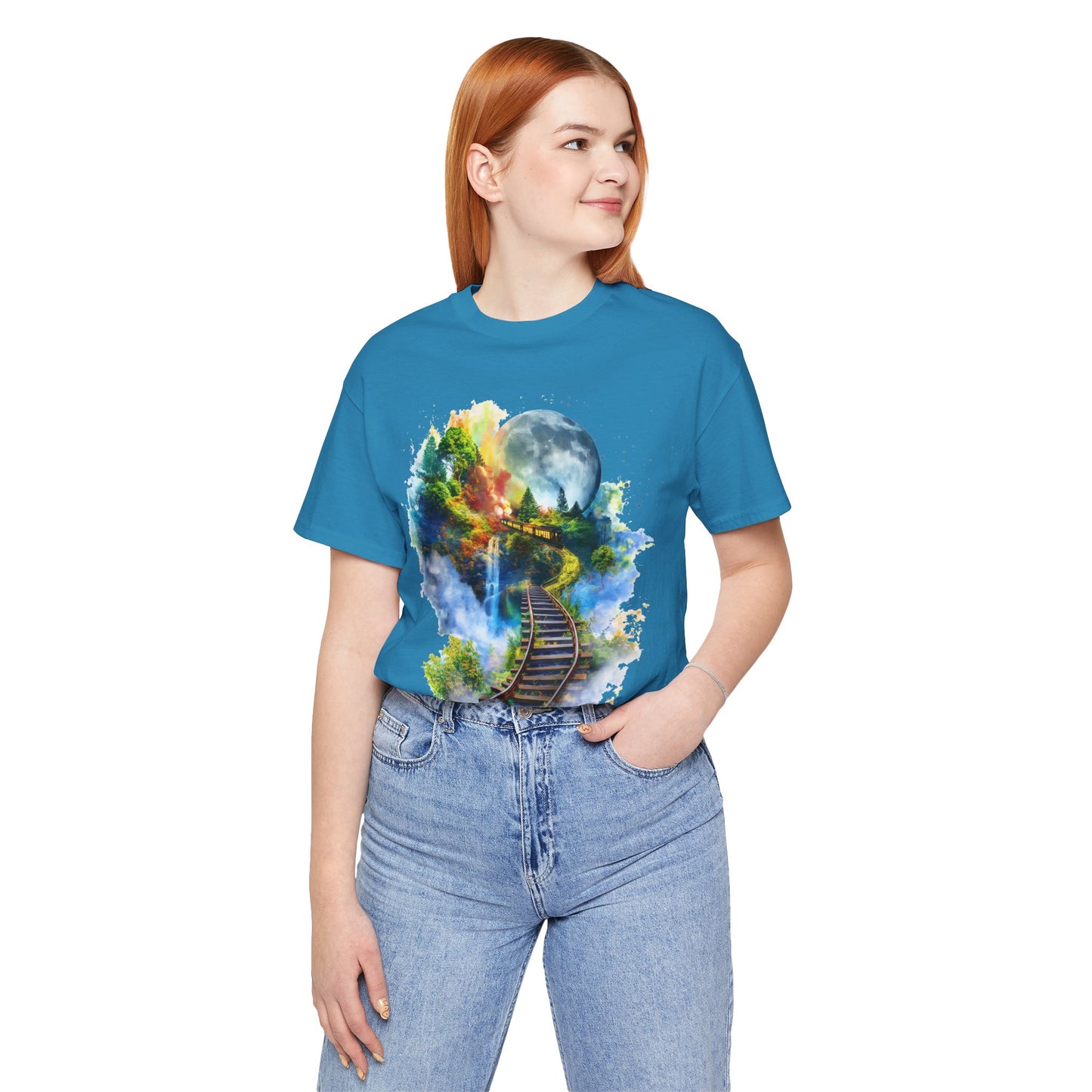 Unisex T-Shirt with 3D Watercolor Train Tracks and Enchanted Forest Design - Lightweight Fabric Tee