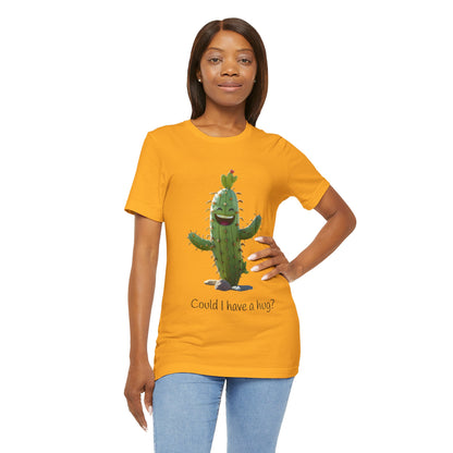 Light Colorful Smiling Cactus Plant T-shirt -  'Could I Have a Hug?' - Lightweight Fabric Tee