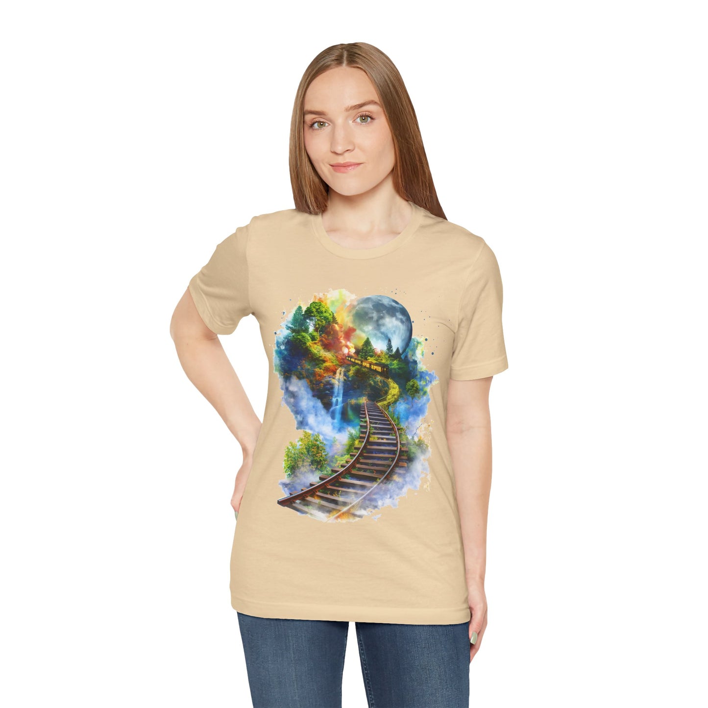 Unisex T-Shirt with 3D Watercolor Train Tracks and Enchanted Forest Design - Lightweight Fabric Tee