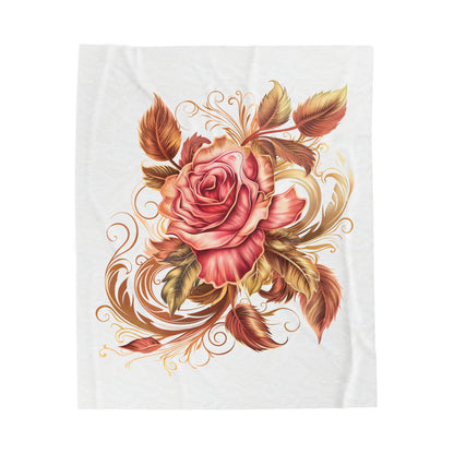 White Velveteen Plush Blanket with beautiful pink rose surrounded by swirling leaves