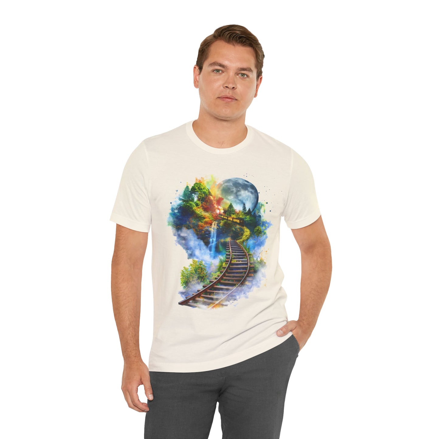 Unisex T-Shirt with 3D Watercolor Train Tracks and Enchanted Forest Design - Lightweight Fabric Tee