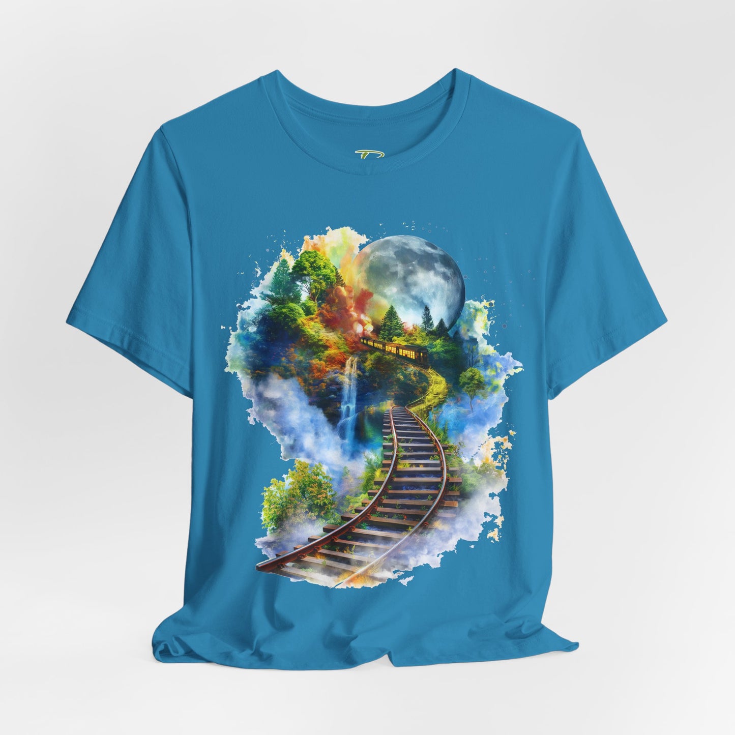 Unisex T-Shirt with 3D Watercolor Train Tracks and Enchanted Forest Design - Lightweight Fabric Tee