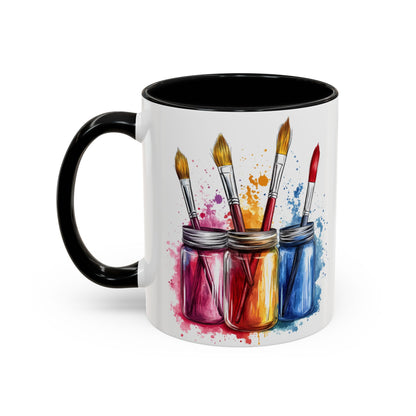 Paint Brushes Design Tea Cup - Accent Watercolor Coffee Mug, (11, 15oz)