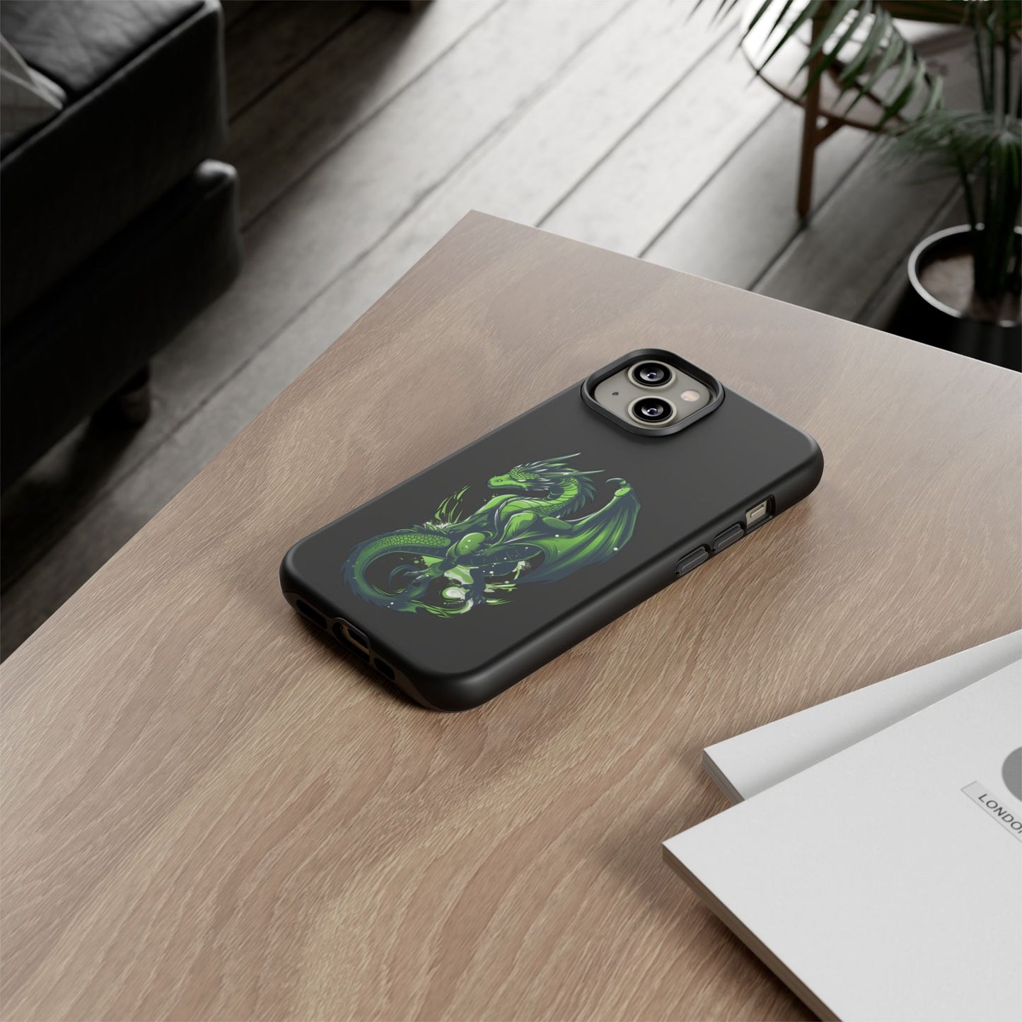 Tough Cases with Green Glowing Dragon design for iPhone, Samsung, and Google