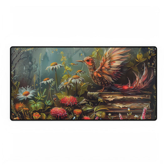 Desk Mat - Enchanting Phoenix  Surrounded by Wildflowers