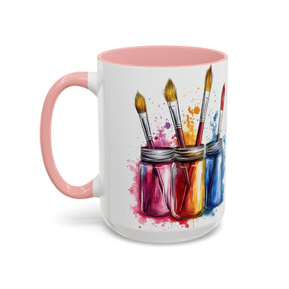 Paint Brushes Design Tea Cup - Accent Watercolor Coffee Mug, (11, 15oz)