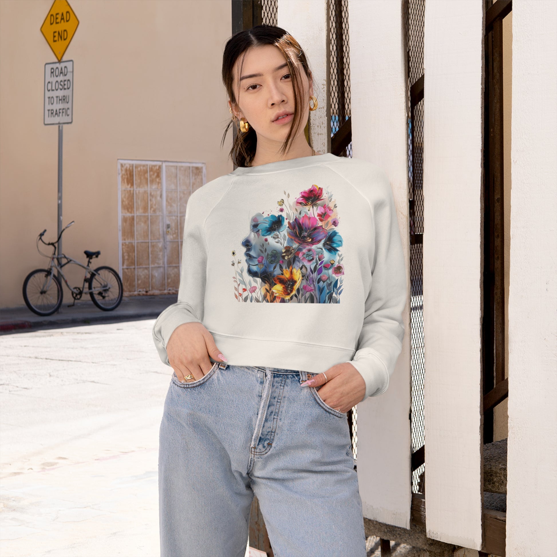 Women's Cropped Fleece Pullover with Floral Watercolor Design - Paraw