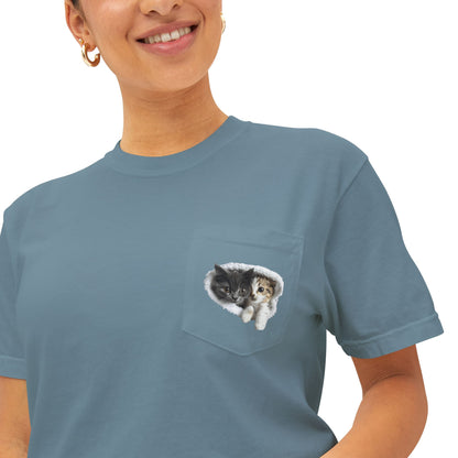 Cute 3D Cats in Pocket T-Shirt - Unisex Garment-Dyed Pocket Tee