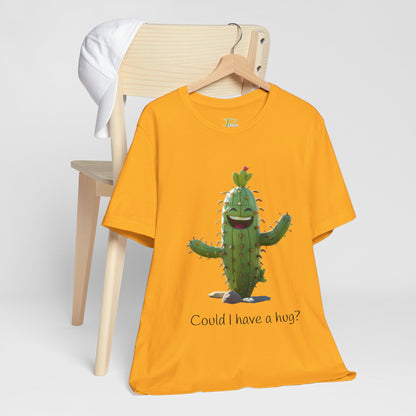 Light Colorful Smiling Cactus Plant T-shirt -  'Could I Have a Hug?' - Lightweight Fabric Tee