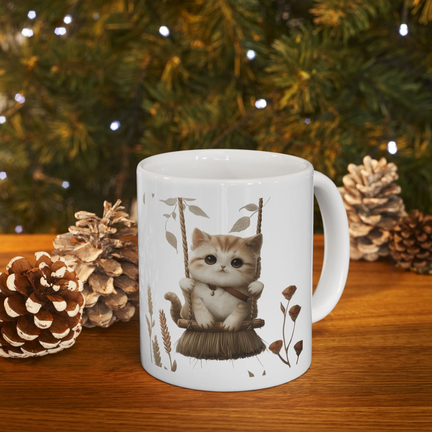 Ceramic Mug, Lovely and Playful Cat on Broomstick, (11oz, 15oz)