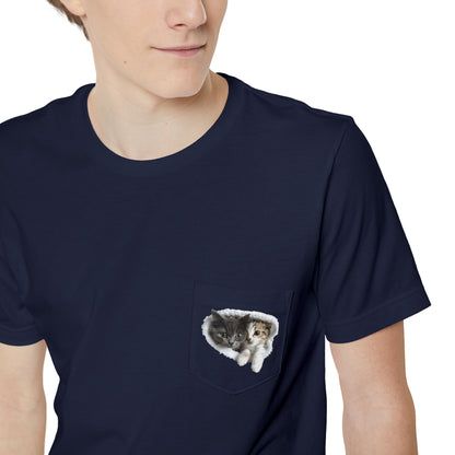 Cute 3D Cats in Unisex Pocket T-Shirt (White, Black, and Navy)