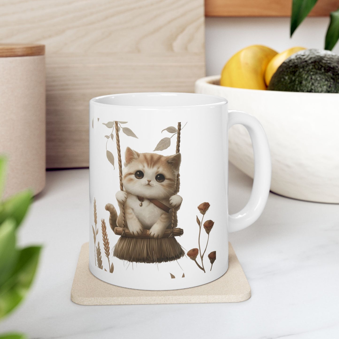 Ceramic Mug, Lovely and Playful Cat on Broomstick, (11oz, 15oz)