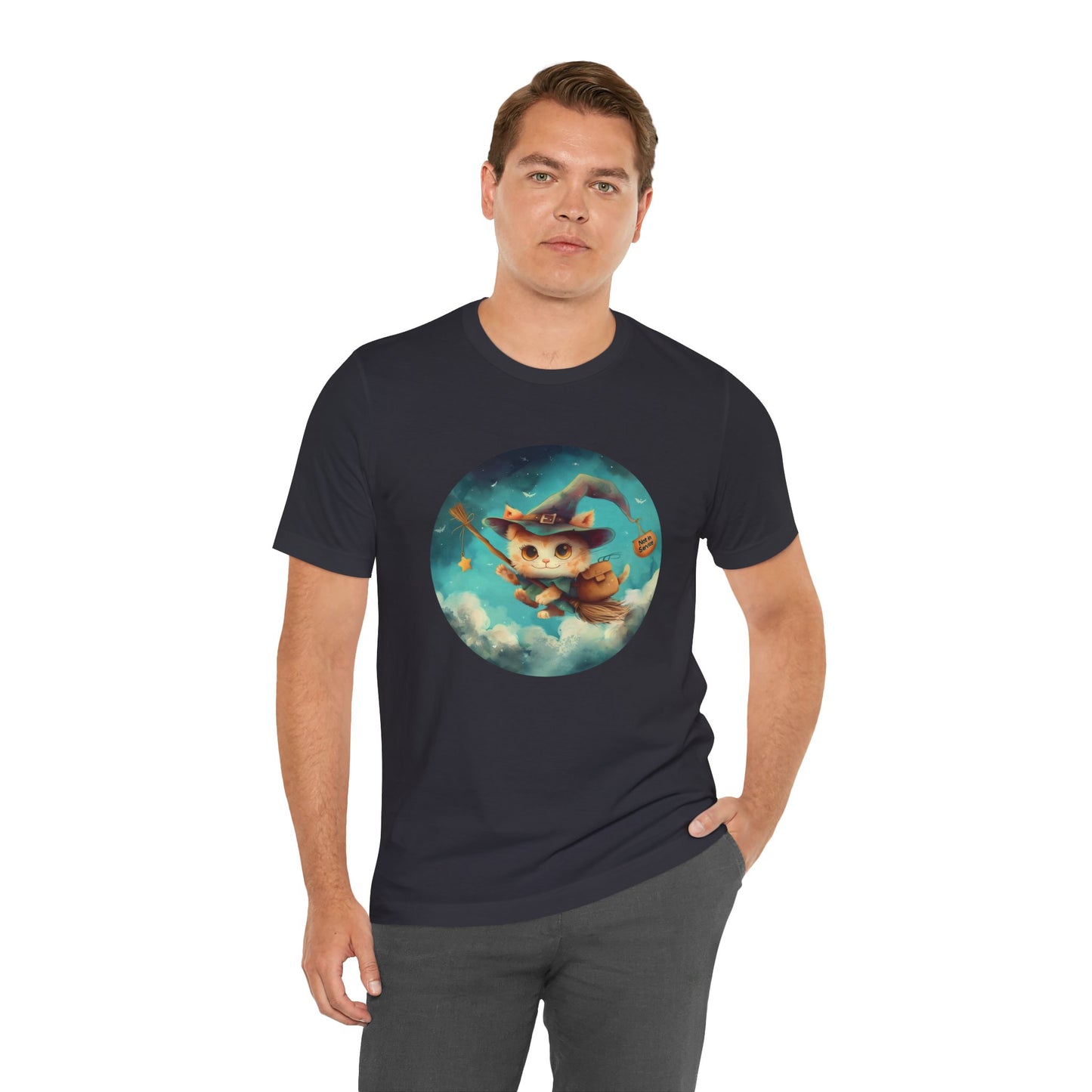 Charming Cat on Witch - Magician Stick T-shirt - Lightweight Fabric Tee