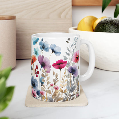 Ceramic Mug with beautiful watercolor flowers, (11oz, 15oz)