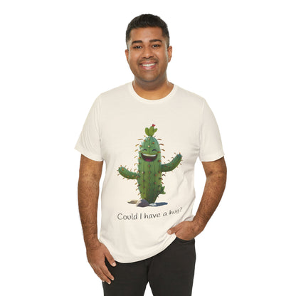 Light Colorful Smiling Cactus Plant T-shirt -  'Could I Have a Hug?' - Lightweight Fabric Tee