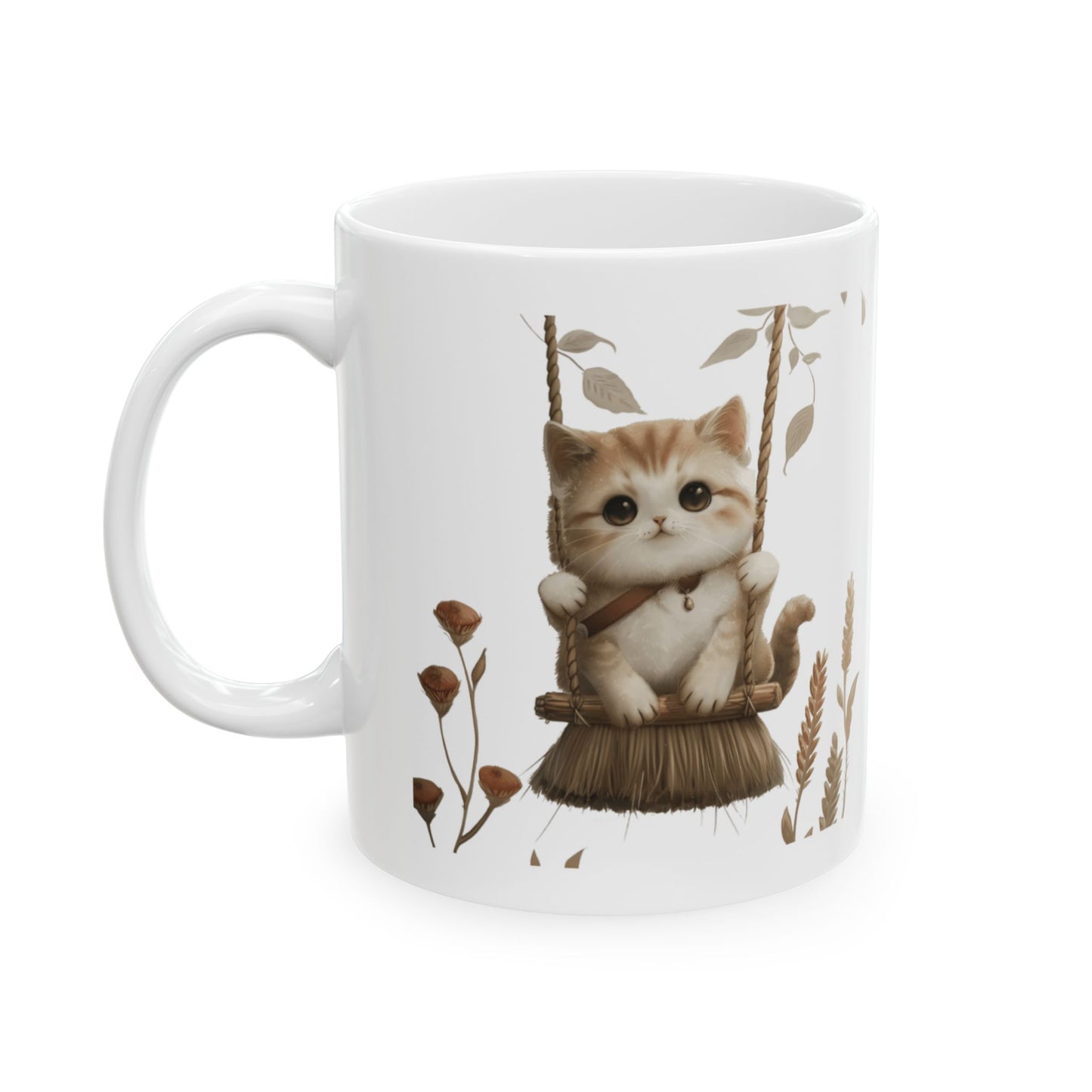 Ceramic Mug, Lovely and Playful Cat on Broomstick, (11oz, 15oz)