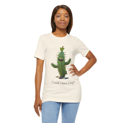 Light Colorful Smiling Cactus Plant T-shirt -  'Could I Have a Hug?' - Lightweight Fabric Tee