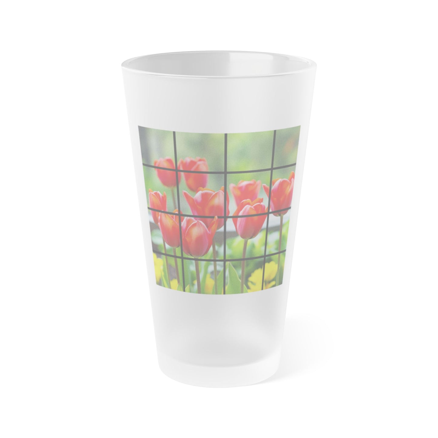 Frosted Pint Glass - Red Tulips and Yellow Flowers Grid Design (16oz)