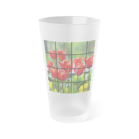 Frosted Pint Glass - Red Tulips and Yellow Flowers Grid Design (16oz)