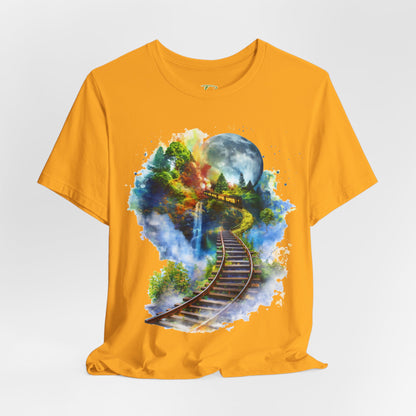 Unisex T-Shirt with 3D Watercolor Train Tracks and Enchanted Forest Design - Lightweight Fabric Tee