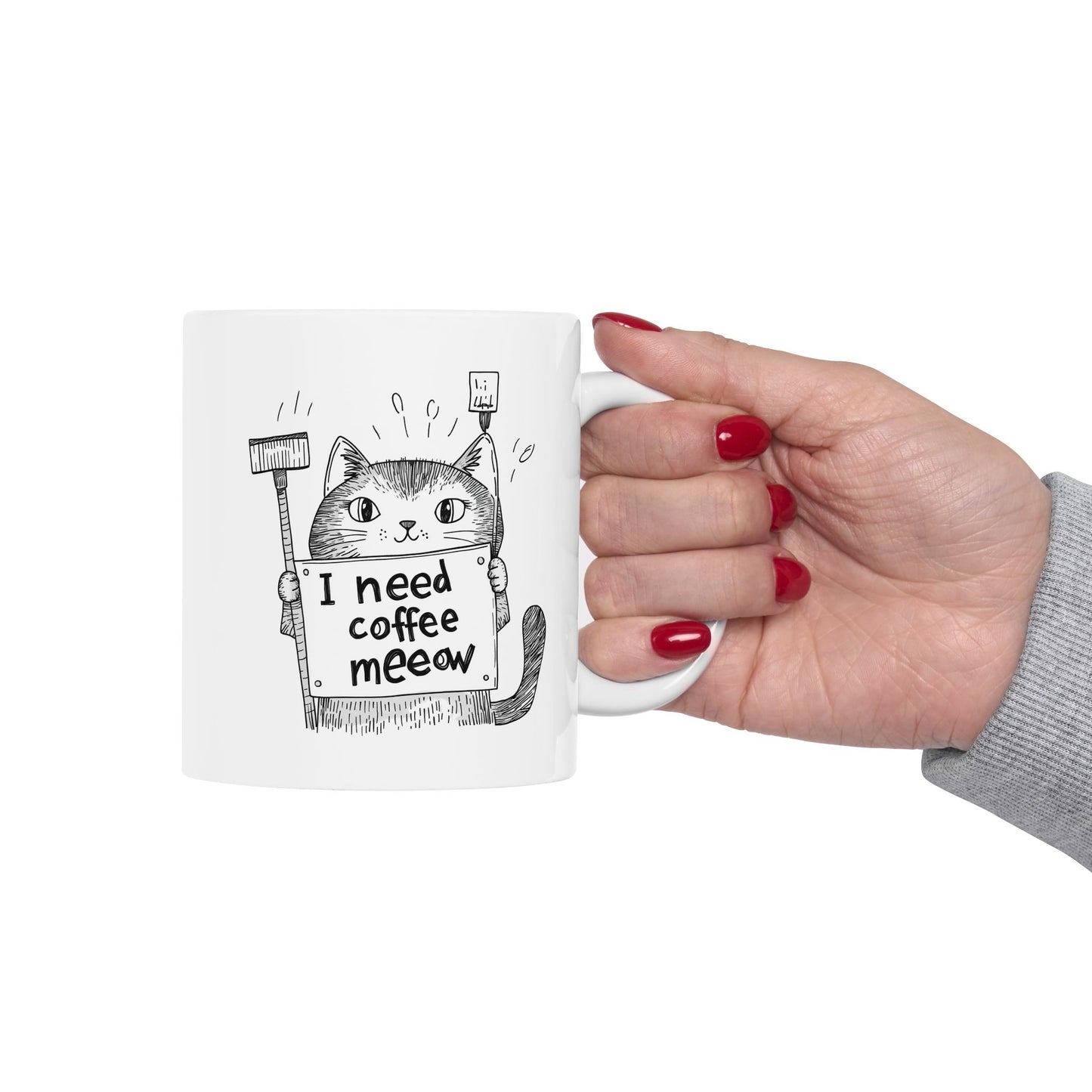 Ceramic Mug, (11oz, 15oz) - "I Need Coffee Meeow" Design with Cartoon Cat Mug