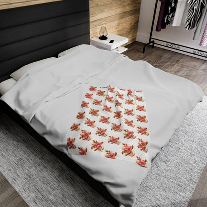 Velveteen Plush Blanket with beautiful grid design of pink roses surrounded by swirling leaves