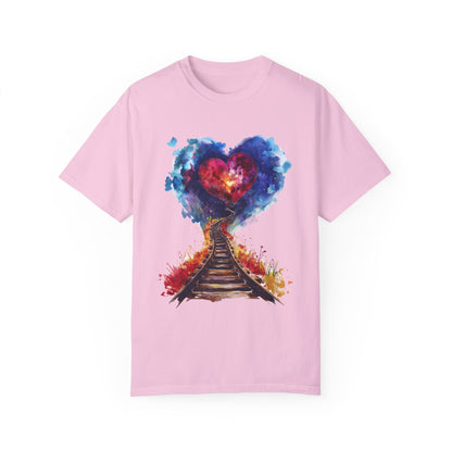 Unisex Garment-Dyed T-shirt - Journey of Heart - Train Tracks Coming out from Heart