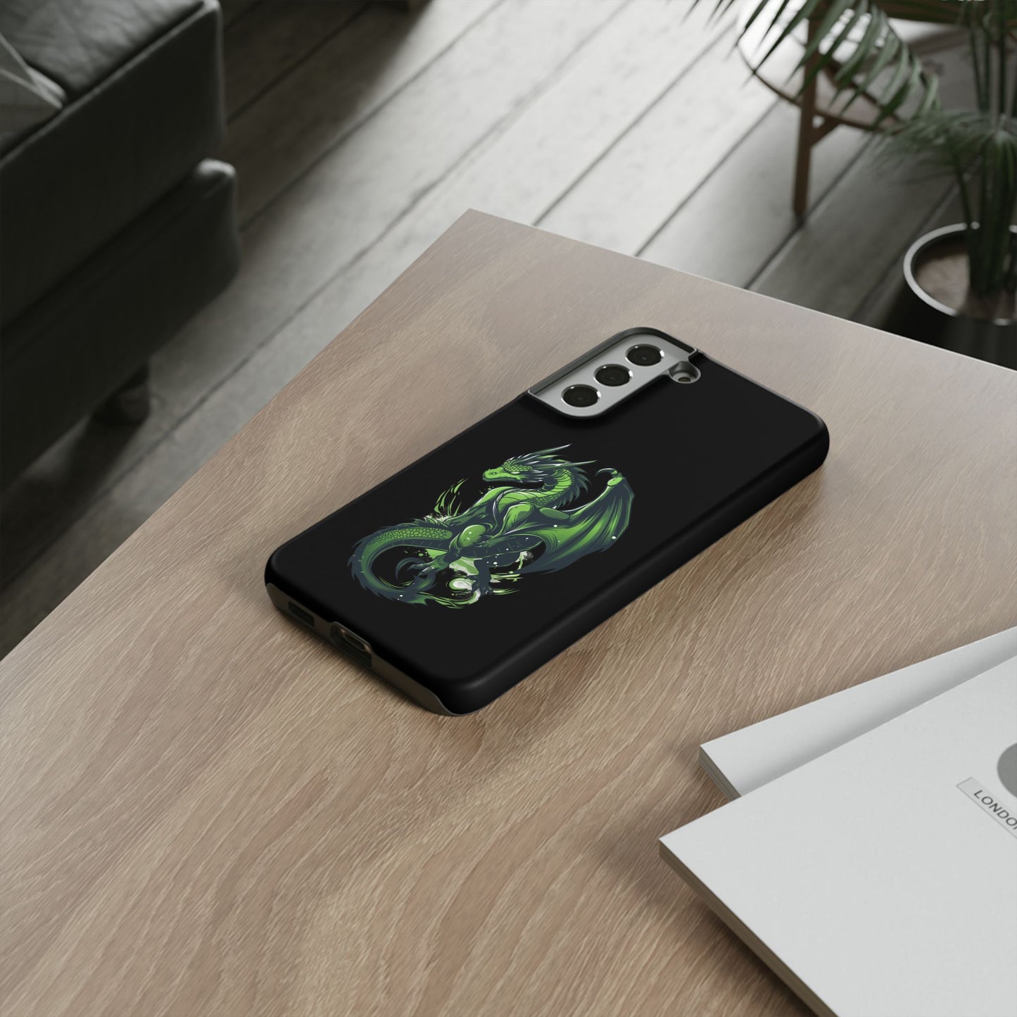 Tough Cases with Green Glowing Dragon design for iPhone, Samsung, and Google