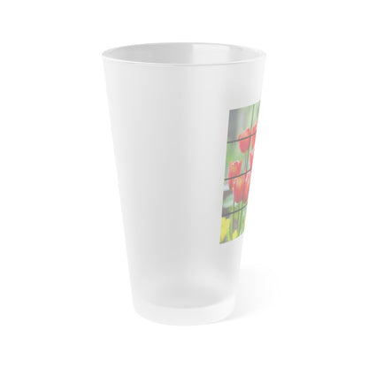 Frosted Pint Glass - Red Tulips and Yellow Flowers Grid Design (16oz)