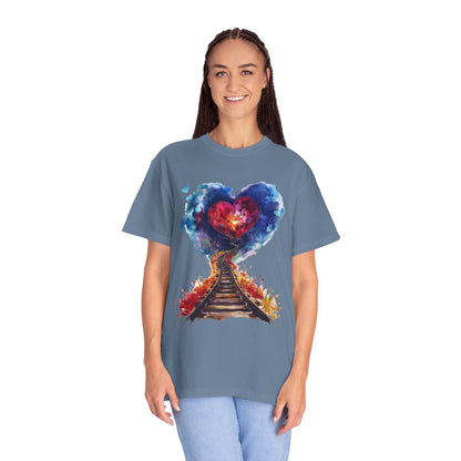Unisex Garment-Dyed T-shirt - Journey of Heart - Train Tracks Coming out from Heart