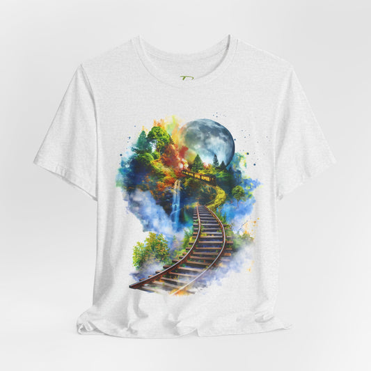 Unisex T-Shirt with 3D Watercolor Train Tracks and Enchanted Forest Design - Lightweight Fabric Tee