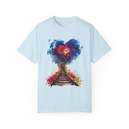 Unisex Garment-Dyed T-shirt - Journey of Heart - Train Tracks Coming out from Heart