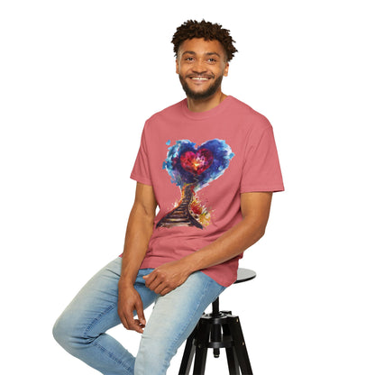 Unisex Garment-Dyed T-shirt - Journey of Heart - Train Tracks Coming out from Heart