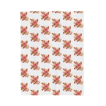 Velveteen Plush Blanket with beautiful grid design of pink roses surrounded by swirling leaves