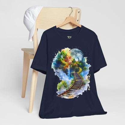 Unisex T-Shirt with 3D Watercolor Train Tracks and Enchanted Forest Design - Lightweight Fabric Tee