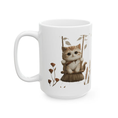 Ceramic Mug, Lovely and Playful Cat on Broomstick, (11oz, 15oz)