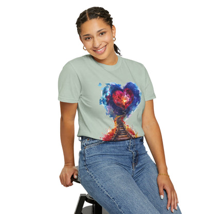 Unisex Garment-Dyed T-shirt - Journey of Heart - Train Tracks Coming out from Heart