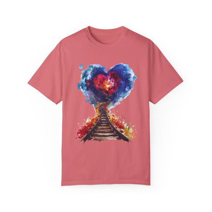 Unisex Garment-Dyed T-shirt - Journey of Heart - Train Tracks Coming out from Heart