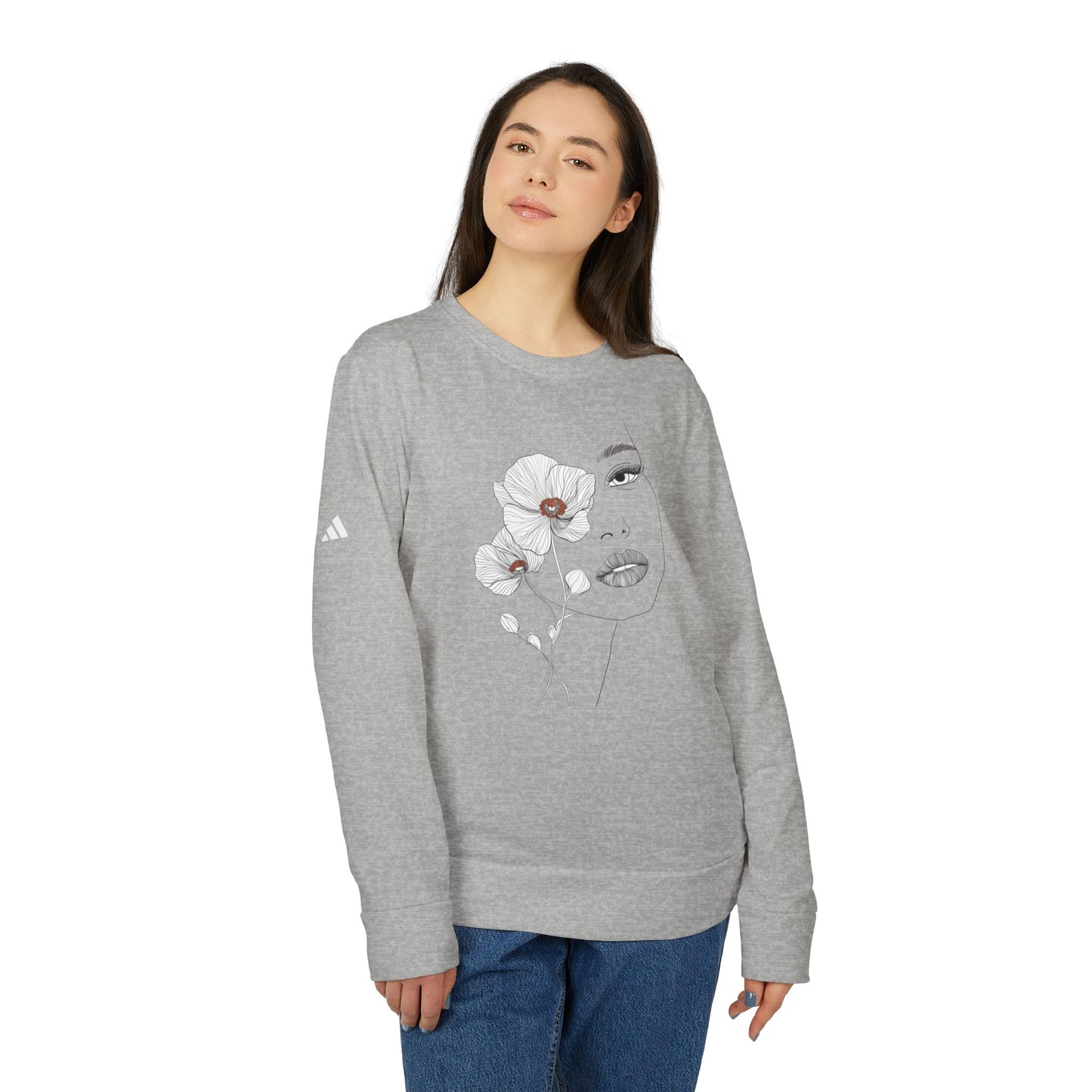 adidas Unisex Fleece Crewneck Sweatshirt - Minimalist Floral Face Line Art Design Sweatshirt