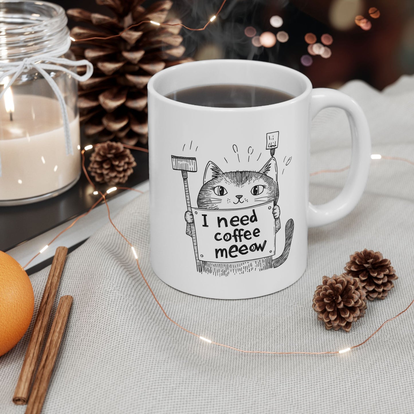 Ceramic Mug, (11oz, 15oz) - "I Need Coffee Meeow" Design with Cartoon Cat Mug