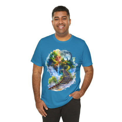 Unisex T-Shirt with 3D Watercolor Train Tracks and Enchanted Forest Design - Lightweight Fabric Tee