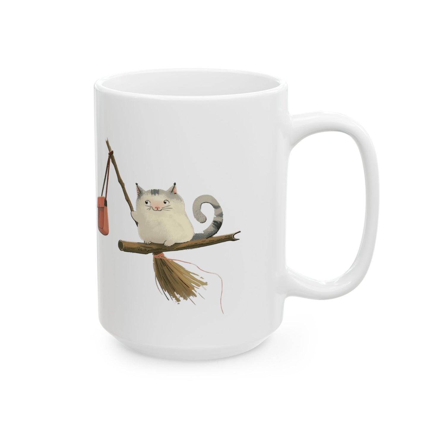 Ceramic Mug - Cute cartoon of a Cat on a witch stick, (11oz, 15oz)